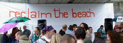 Sound system and banner,  Reclaim the Beach, Festival Pier, Thames, London