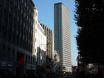 The narrow north profile of Centre Point, seen from Tottenham Court Road, London W1
