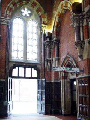 Gothic arches and clock, Booking office, St Pancras station, June 2003 London UK