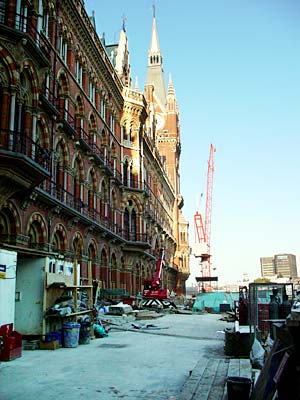 Exterior view of the construction work outside St Pancras station London UK