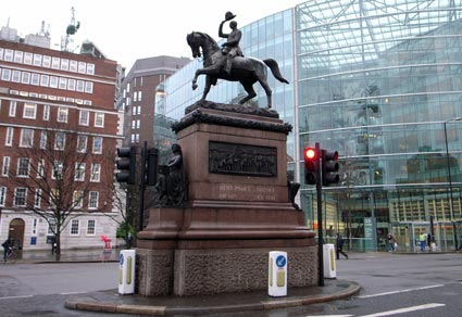 Equestrian statue of Prince Albert doffing his hat the City, Holborn, London January, 2007