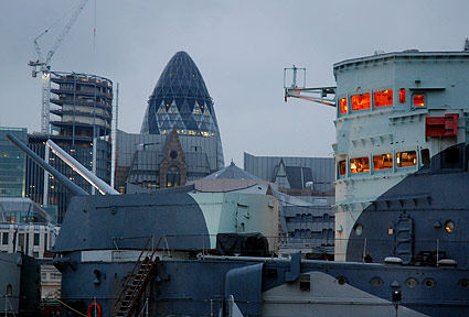 HMS Belfast and the Gherkin, Night view, South Bank, London, February 2007