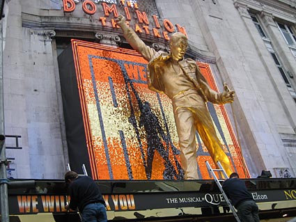 Gold Freddie Mercury statue advertising the dire We Will Rock You musical, London, May 2007