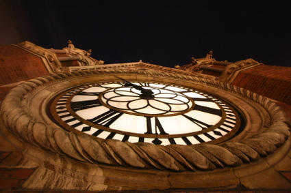 East clock face, from clock tower balcony:, St Pancras railway station and Midland hotel photos