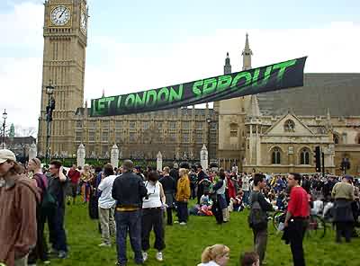 Mayday 2K: banners across Parliament Square