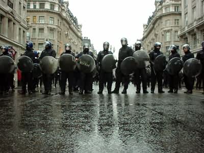 Riot police line up