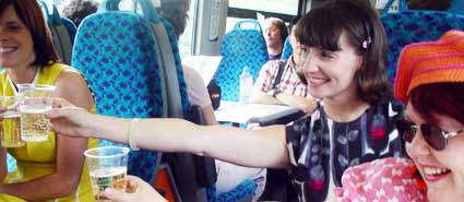The Actionettes get stuck into the Cava en route to Bristol station, 16th August, 2003