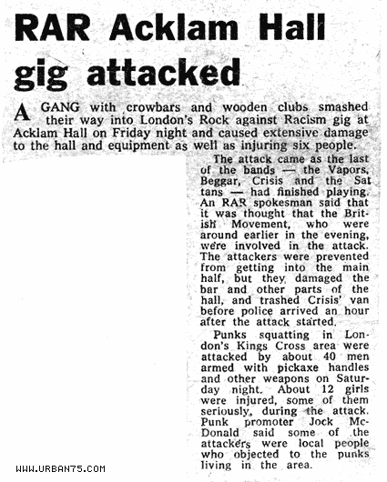 Beggar, Rock Against Racism benefit, Acklam Hall, Ladbroke Grove, London, Friday June 29th, 1979