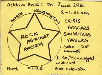 Beggar, Rock Against Racism benefit, Acklam Hall, Ladbroke Grove, North Kensington, London W10, Friday June 29th, 1979