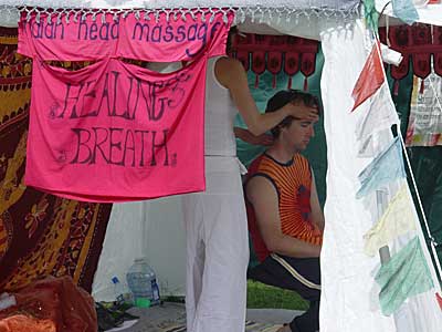 Head massage, Body and Soul field, Big Chill festival, Eastnor Castle 2004, England UK