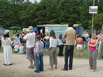 Queue for the showers, Big Chill festival, Eastnor Castle 2004, England UK