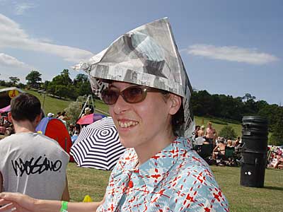 Makeshift sun hat, Big Chill festival, Eastnor Castle 2004, England UK