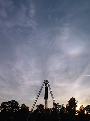 Speaker stack against a sunset, Big Chill festival, Eastnor Castle 2004, England UK