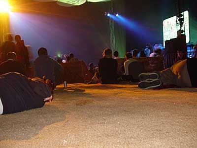Soporific crowd at the Sanctuary tent, Big Chill festival, Eastnor Castle 2004, England UK