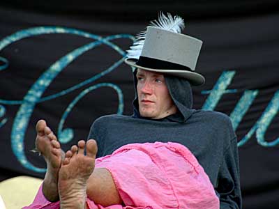 Chilled fella on the dressing up catwalk, Big Chill festival, Eastnor Castle, Ledbury, Herefordshire, England UK