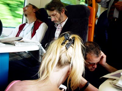 Overcrowded London train from Brighton, May 2003