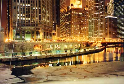 Frozen river, city lights