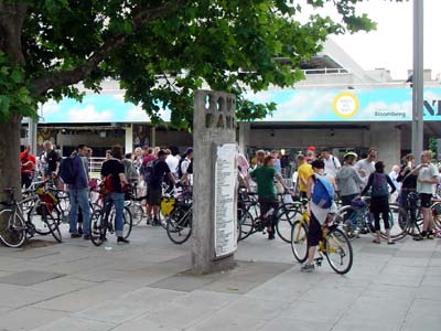 Meeting under Waterloo Bridge, Critical mass bike ride, London, 27th June 2003