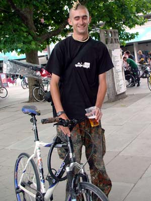 Bike and beer, under Waterloo Bridge, Critical mass bike ride, London, 27th June 2003