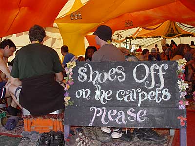 Shoes off! Glastonbury Festival, June 2004