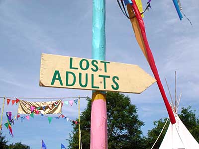 Lost Adults sign, Glastonbury Festival, Pilton, Somerset, England June 2005