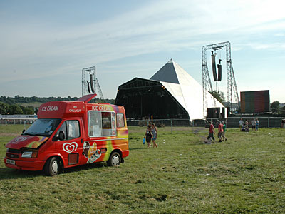 Ice Cream van by the Pyramid Stage, Glastonbury Festival, Pilton, Somerset, England June 2005