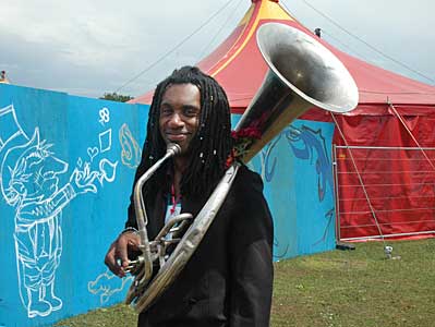 Man with an impressive horn, Lost Vagueness, Glastonbury Festival, Pilton, Somerset, England June 2005