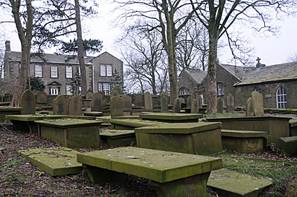 Haworth Church and Graveyard, Main Street, Haworth village, home of the Bronte sisters, Worth Valley, West Yorkshire, England, with pictures of landmarks, mills, canals, pubs, cafes, tourist sights and more