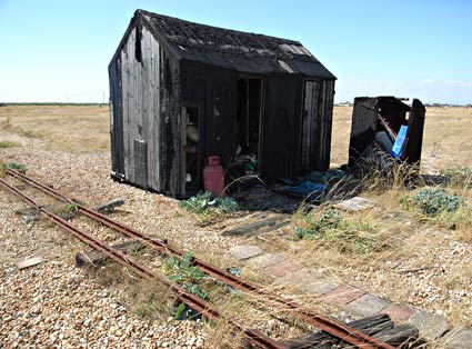 Disused narrow gauge railway tracks, Dungeness, Romney Marsh, on the south coast of Kent, England