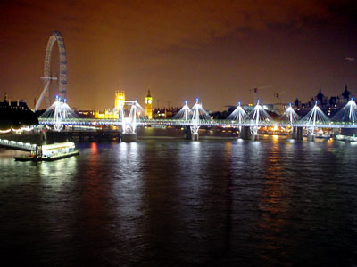 London Eye, Hungerford bridge at night, South Bank, London