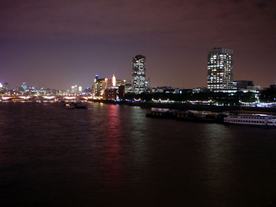 Thames at night, looking east, Waterloo Bridge, London