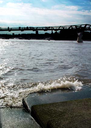 Millennium Bridge from Bankside, high tide, London