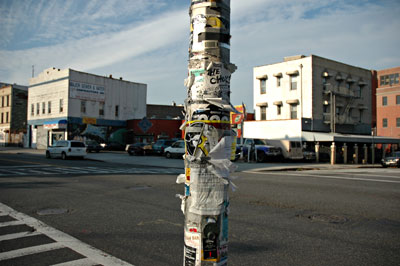 Lamp post stickers, Metropolitan Avenue, Williamsburg, Brooklyn, New York, Brooklyn, New York, NYC, US