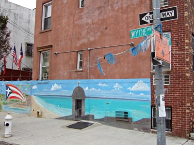 Painted seaside scene and Cuban flag, Wythe Avenue, Brooklyn, New York, Brooklyn, New York, NYC, US