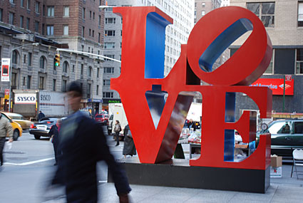 LOVE sculpture by Robert Indiana, situated on the corner of 6th Avenue and 55th Street, Manhattan, New York, NYC, November 2006