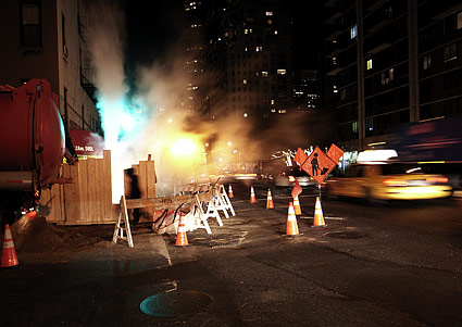 Roadworks on first avenue, Night photographs on the streets of New York, NYC, December 2006