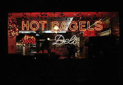 Hot Bagels Deli. Night photographs on the streets of New York, NYC, December 2006
