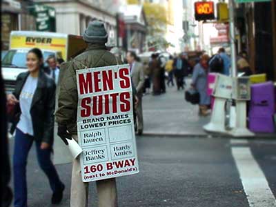 Men's suits, human billboard, Broadway, New York, NYC