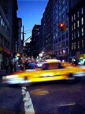Taxi cab and city lights, Lafayette St, Manhattan, New York