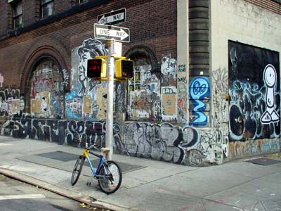 Heavily graffiti'd building, Prince Street, SoHo, Manhattan, New York