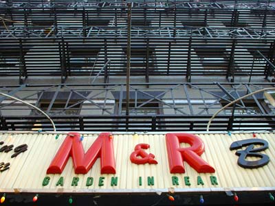Fire escape and M & R Bar sign, Elizabeth Street, SoHo, Manhattan, New York
