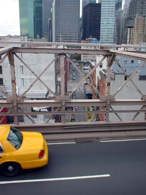 Taxi over the Brooklyn Bridge, Manhattan, New York