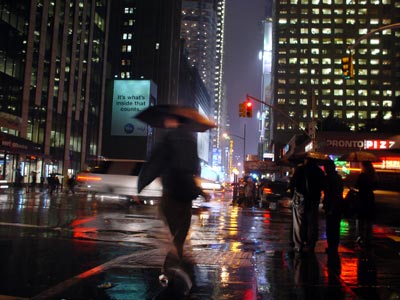 Buildings, billboards and umbrellas, Manhattan, New York