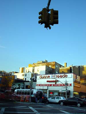 Blue sky and traffic lights, Delancey St, Manhattan, New York