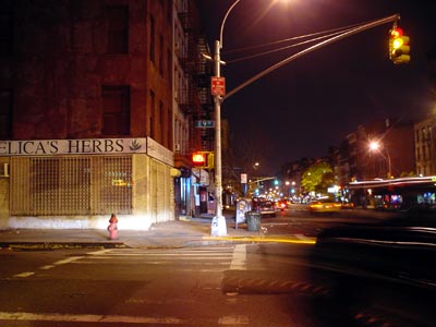 Night scene, E9th St and 1st Ave, Lower East Side, Manhattan, New York