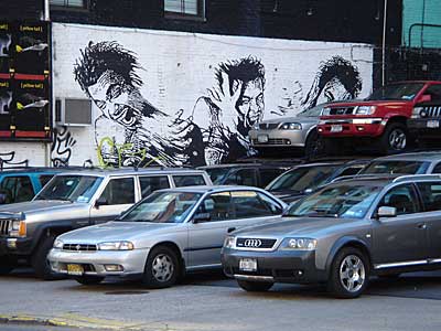 Car lot graffiti, Manhattan. New York, NYC, USA