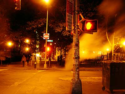 Night steam, Rivington Street and Forsyth Street, Lower East Side, Manhattan. New York, NYC, USA
