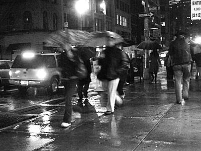 Broadway in the rain, Lower Manhattan, New York, NYC, USA