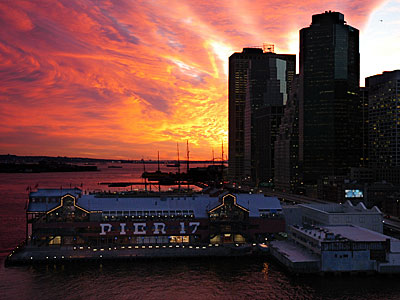 Pier17 against a blood red sky, Brooklyn Bridge, New York, USA