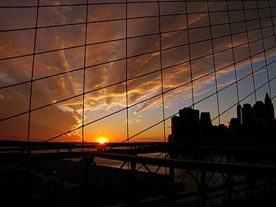 Brooklyn Bridge cables and sunset, Manhattan, Brooklyn Bridge, New York, USA